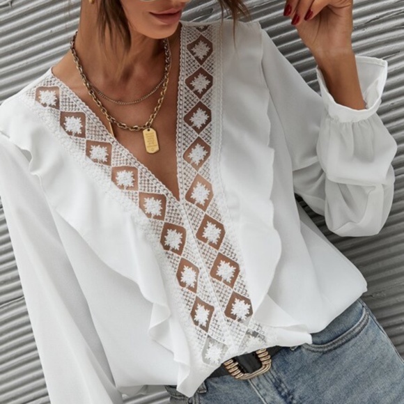 Bellanblue Tops - Bohemian White Floral Lace Ruffle Blouse Minimalist